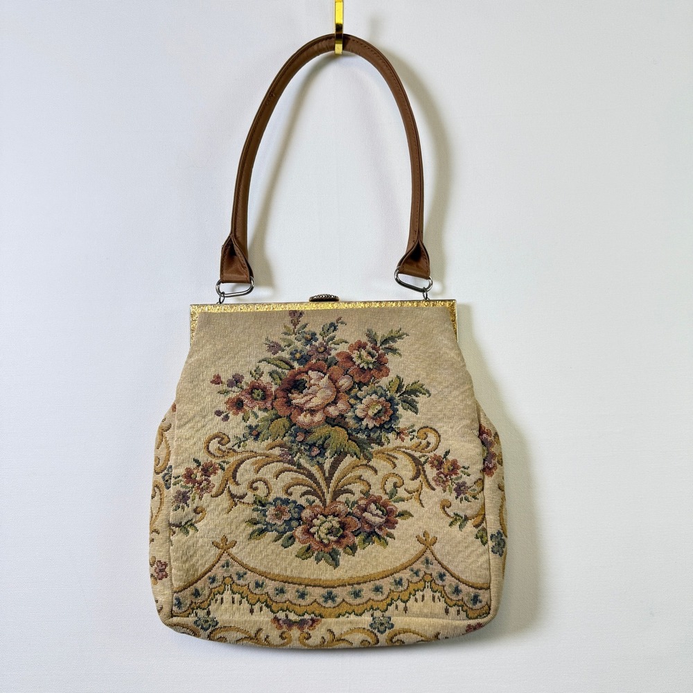 Vintage Beige Floral Tapestry Needlepoint Kiss Lock Shoulder Bag Medium - Picture 2 of 7